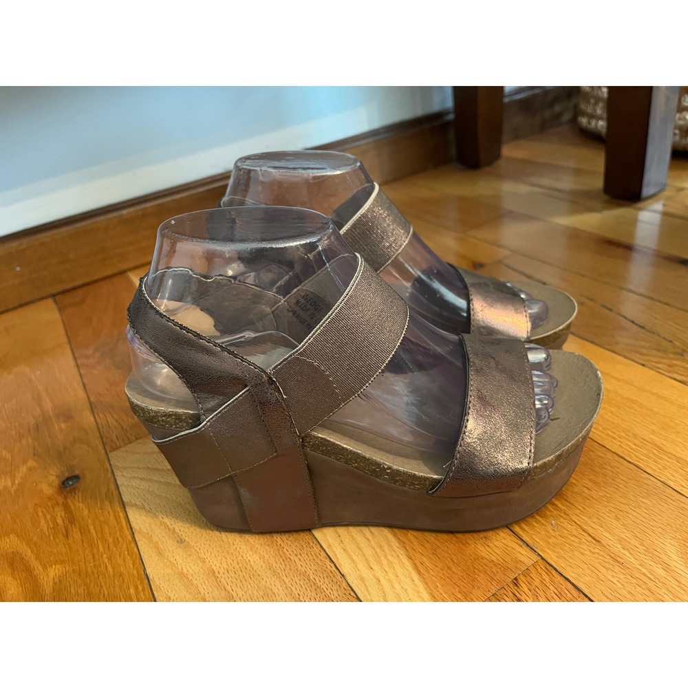 Metallic Bronze Wedge Sandals with Elastic Straps